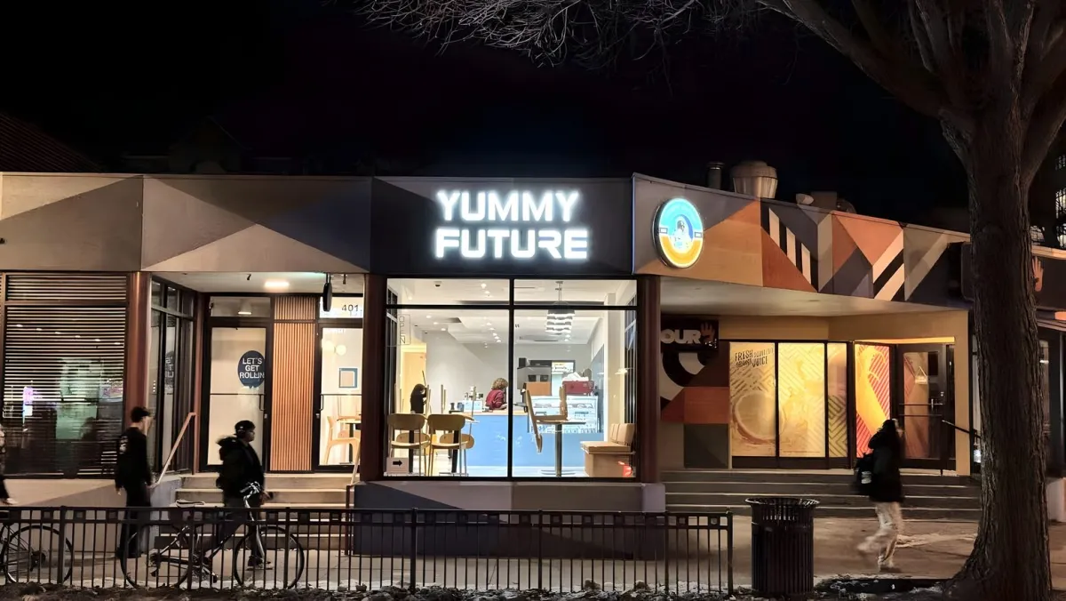 Yummy Future Matcha House storefront at night, 401 E Green St, Champaign