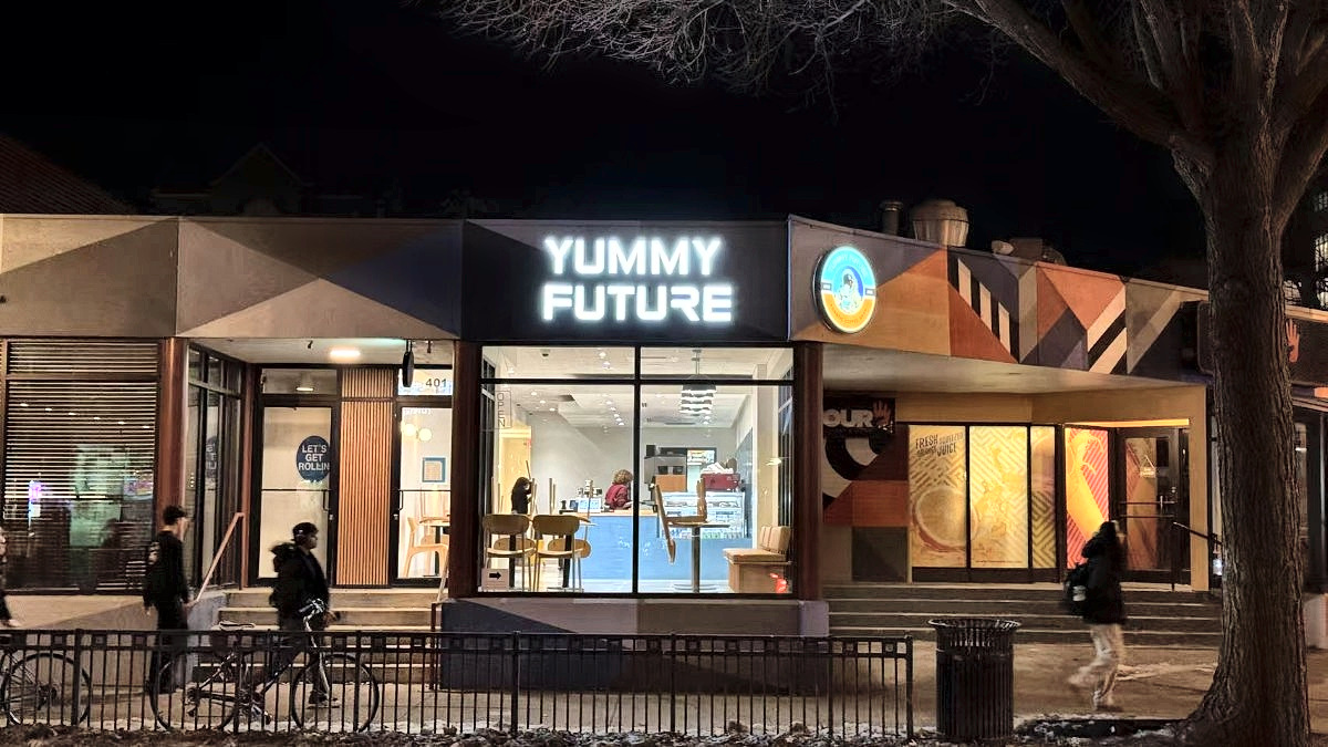 Yummy Future Matcha House storefront at night, 401 E Green St, Champaign