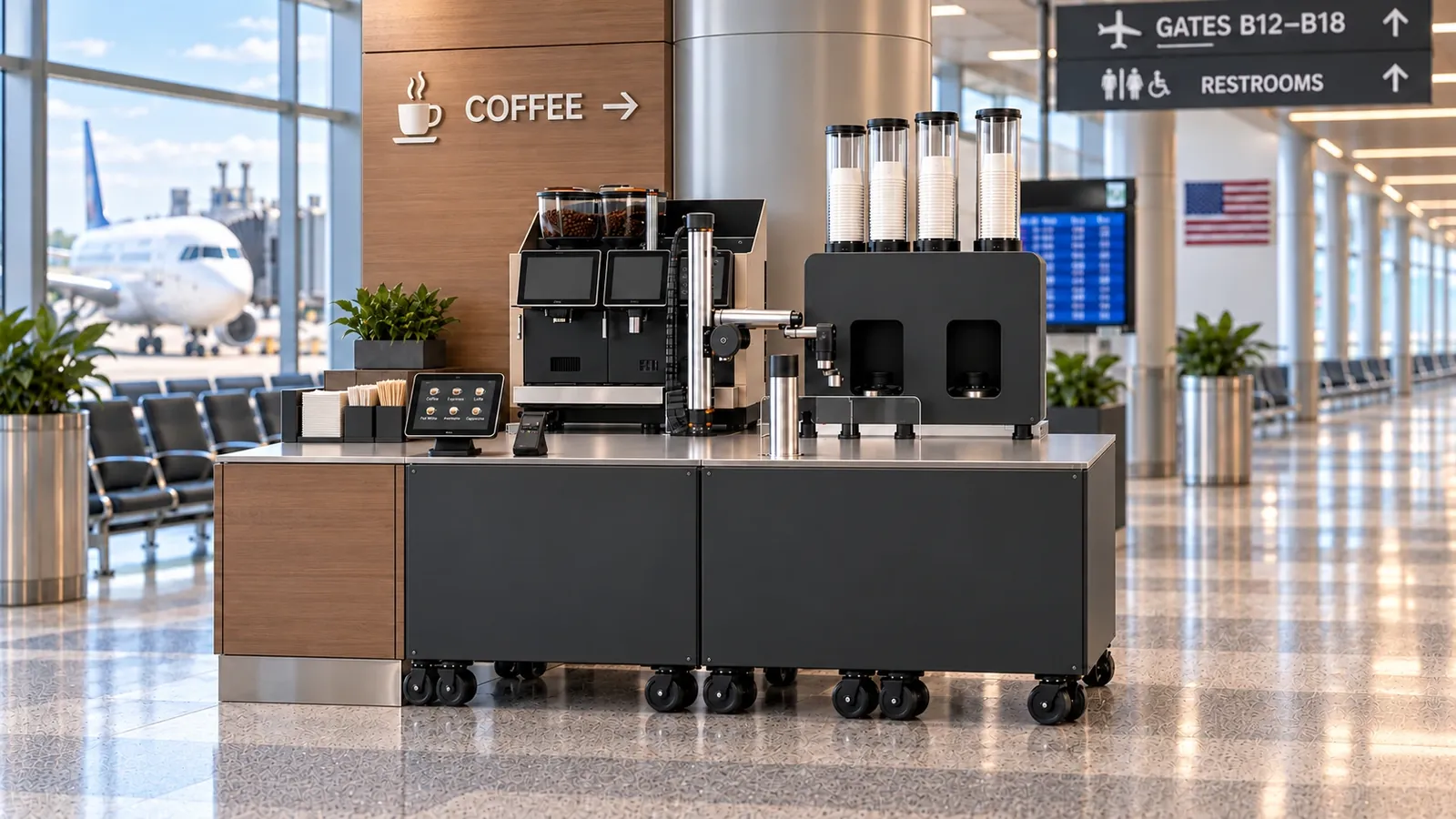 Concept render of a Future Max drink bar in an airport concourse