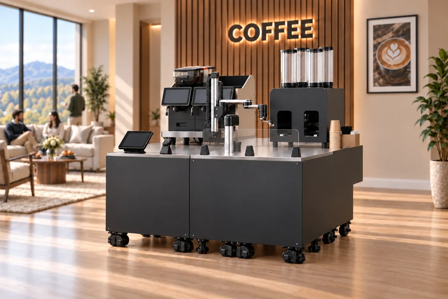 Future Max robot drink bar concept render in an office lounge: two cabinets, the arm, the coffee machine and the order screen as one bar